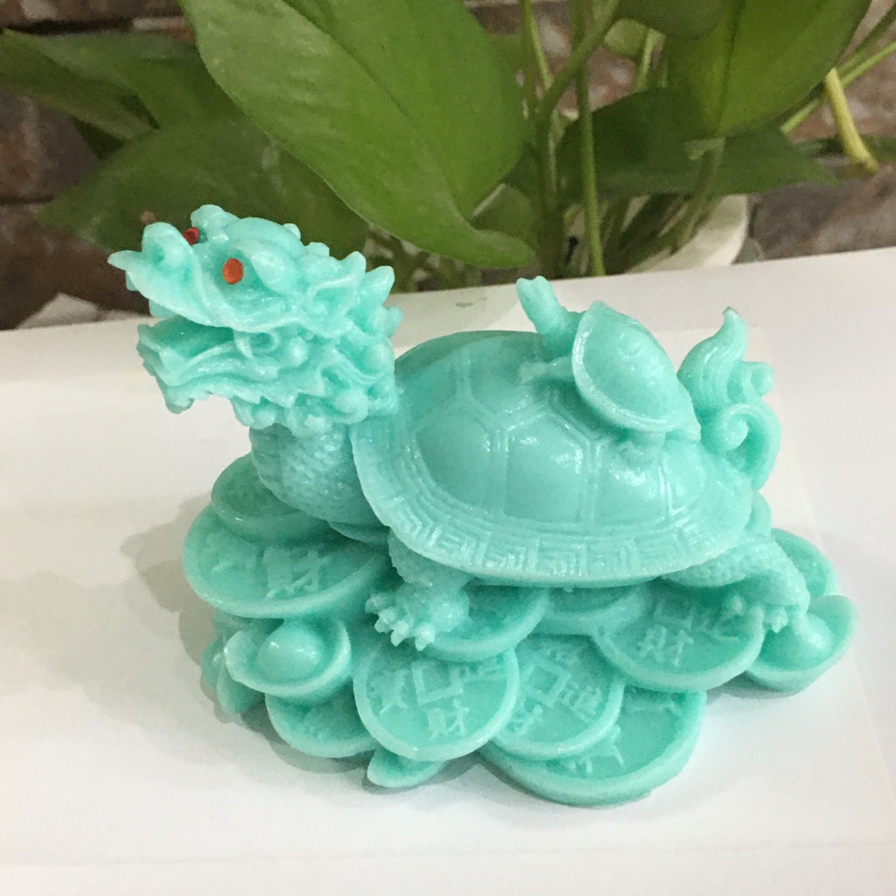 Tượng long quy cõng con màu xanh dài 12 cm