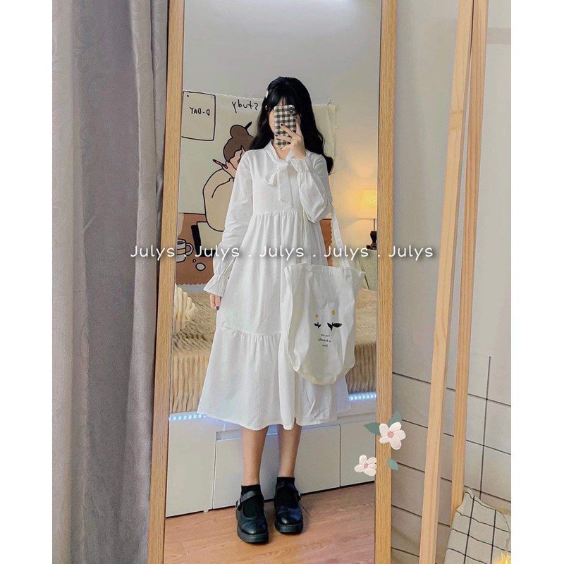 Váy đầm dáng dài cho nữ thắt nơ tay bồng chun eo cực xinh CÓ ẢNH THẬT