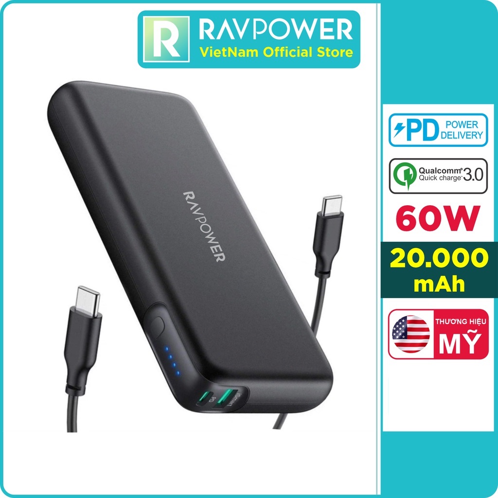 Pin sạc dự phòng ravpower rp-pb201, 20000mah pd 3.0 60w & qc 3.0 18w