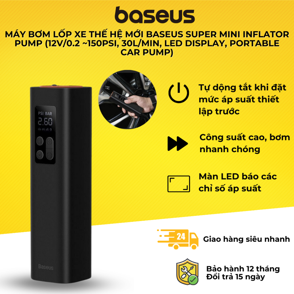 Máy bơm lốp xe thế hệ mới Baseus Super Mini Inflator Pump (12V/ 0.2 ~150PSI, 30L/min, LED Display, Portable Car Pump)