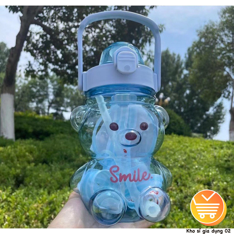 Bình nước trong suốt hình gấu cho bé 1100ml siêu đáng yêu có dây đeo kèm ống hút tặng ticker