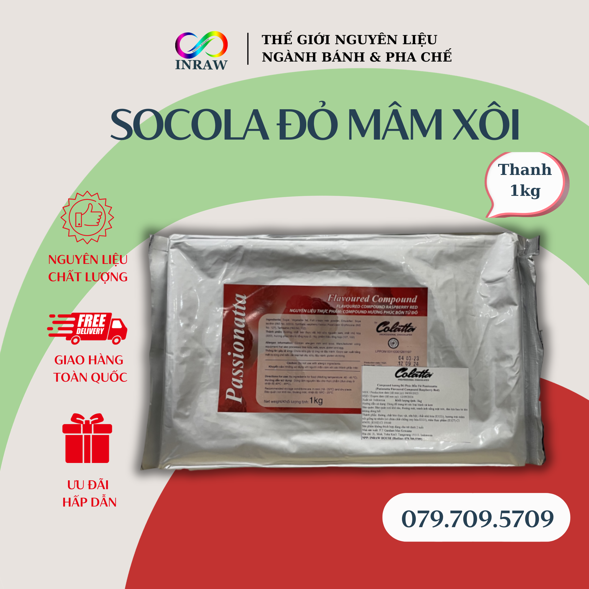 Socola Colatta Màu Indonesia Thanh 1kg - Đỏ Mâm Xôi (Flavoured Compound Raspberry Red Chocolate
