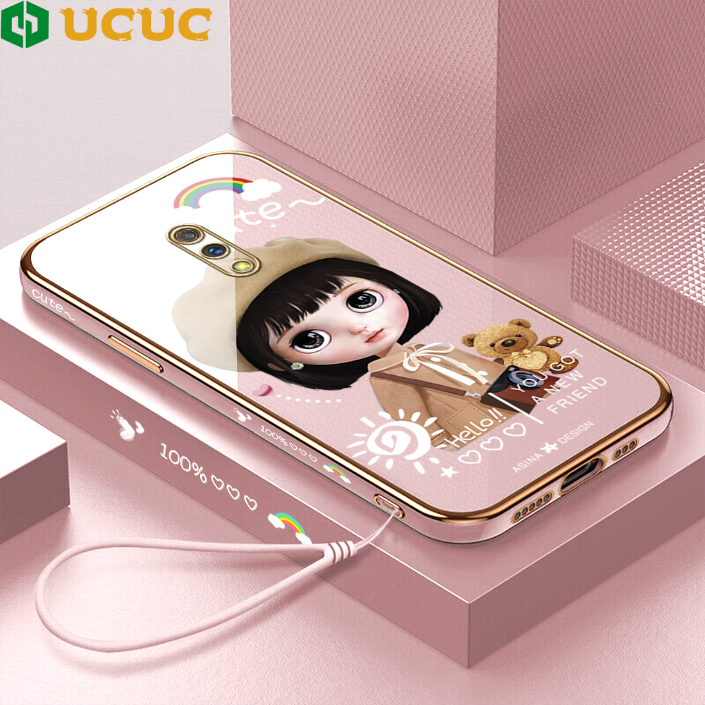 UCUC Phone Casing Realme 8 8 Pro Realme 6I/Realme 5 Pro Realme 5i 5 5S Realme X Case Free Lanyard + Cartoon Cute Girl Square Edge Pattern Casing Plated Phone Shell Luxury Plating Soft Phone Case