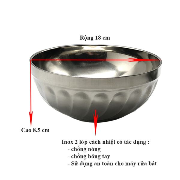 Bộ 10 chén tô bát cơm inox 2 lớp cách nhiệt chống nóng hoàng gia mẫu xoắn cỡ 18cm