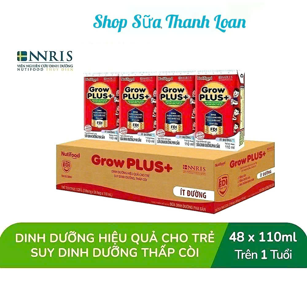 (Mẫu Mới) Thùng 48 Hộp Sữa pha sẵn Nutifood GROWPLUS+ Suy Dinh Dưỡng Ít Đường 110ml.