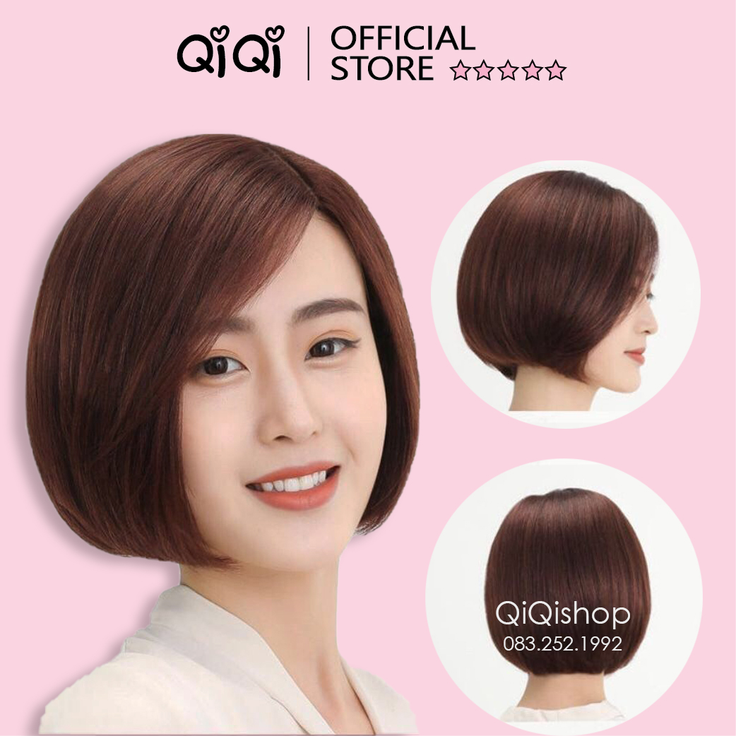 Tóc giả nguyên đầu, tóc giả ngắn vic không mái ngôi lệch qiqishop