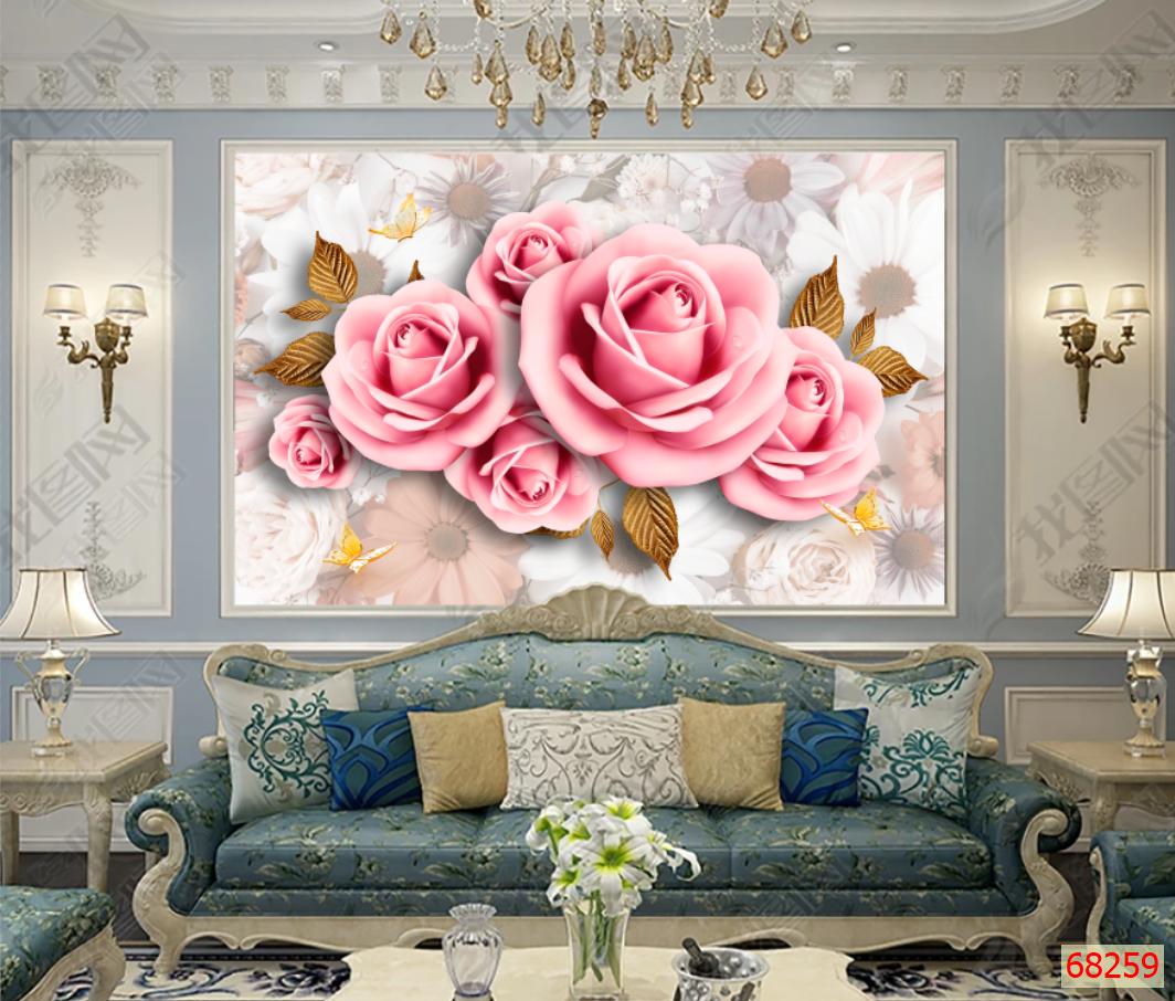 Decal tranh dán tường hoa hồng 3d hiện đại trang trí nhà cửa phòng khách phòng ngủ chất liệu decal pp keo sẵn bóc dán PA