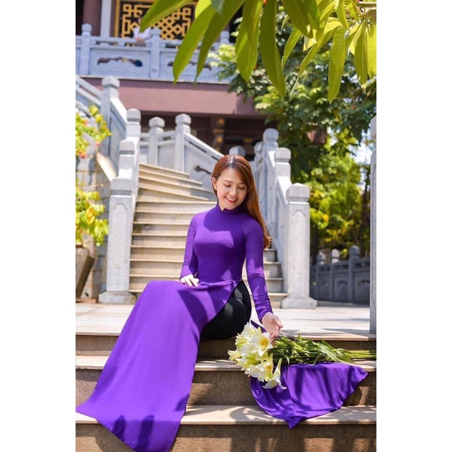 Áo dài trơn truyền thống màu Tím huế 4 tà kèm quần 2 lớp, Lụa chiffon dày dặn, co giãn 4 chiều giá rẻ tận xưởng Áo dài Ngọc Trang