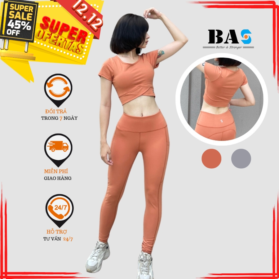 Đồ Tập Gym nữ BAS - Sportswear Áo Croptop có tay Phối Quần Legging Lưng