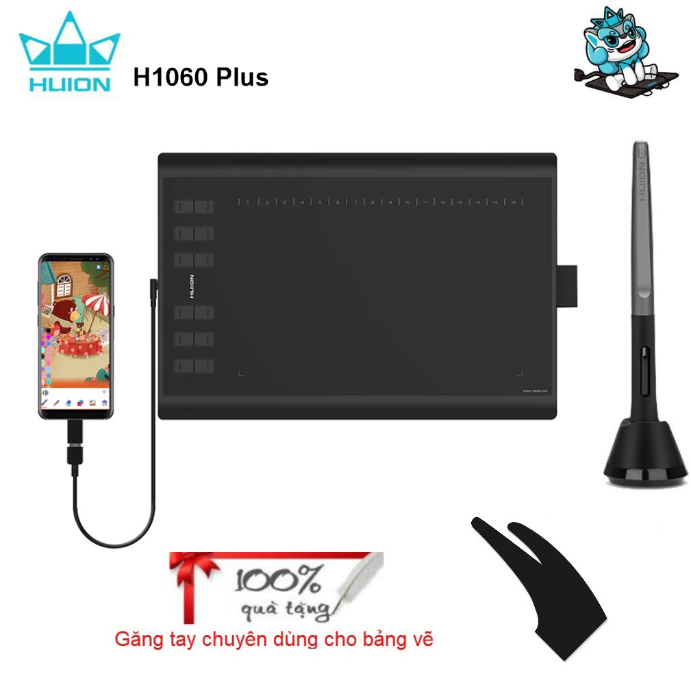 Quà Tặng Kèm - Bảng vẽ cảm ứng Huion H1060P với bút vẽ PW100 không cần dùng pin có thể dùng cho điện thoại Android