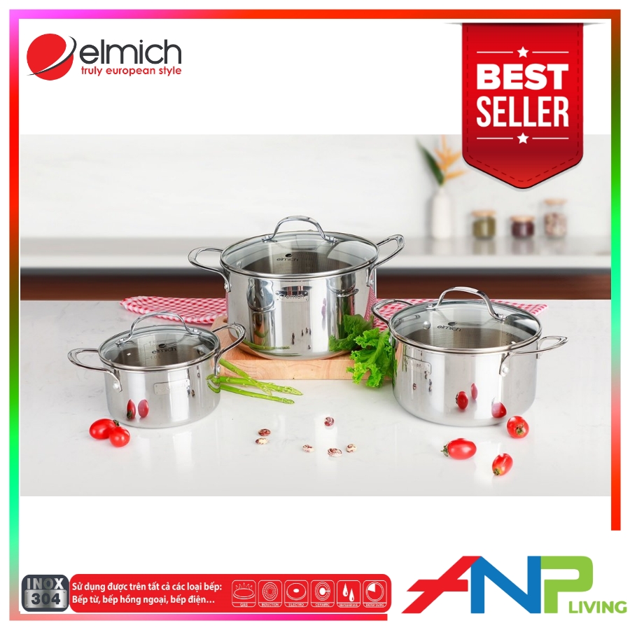 Bộ nồi 3 chiếc inox 304 3 lớp đáy liền elmich trimax 3741 size16cm/20cm/24cm