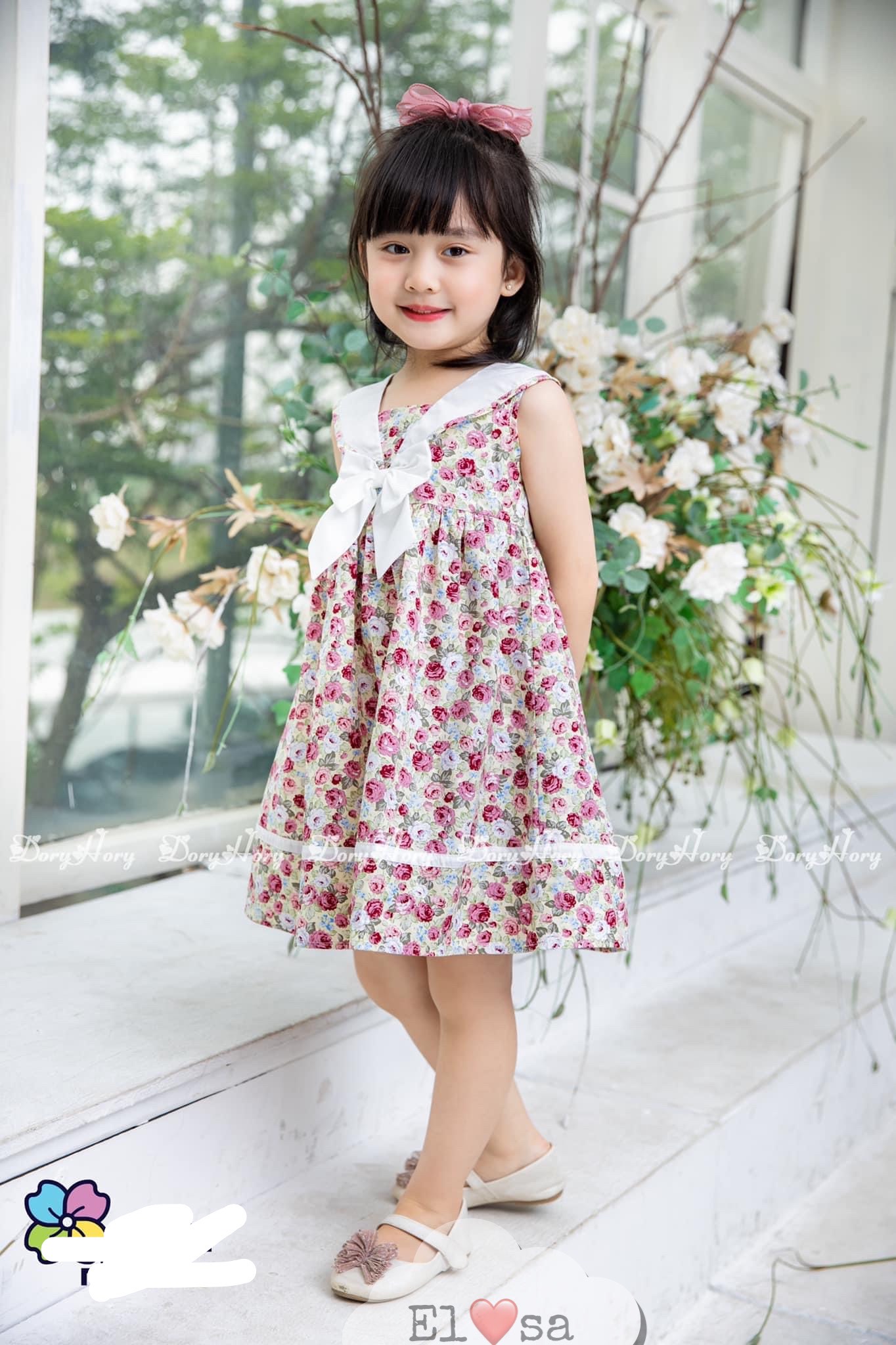 Váy hoa hồng cổ nơ V89