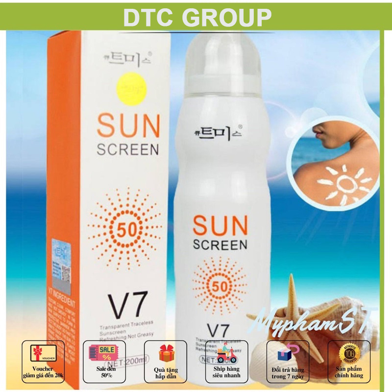 Xịt chống nắng hàn quốc sun screen v7, Xịt chống nắng- Sun Screen V7, Xịt chống nắng trắng da Sun Screen V7 nâng tone chống nước không bết dính kem chống nắng mặt body SPF50+