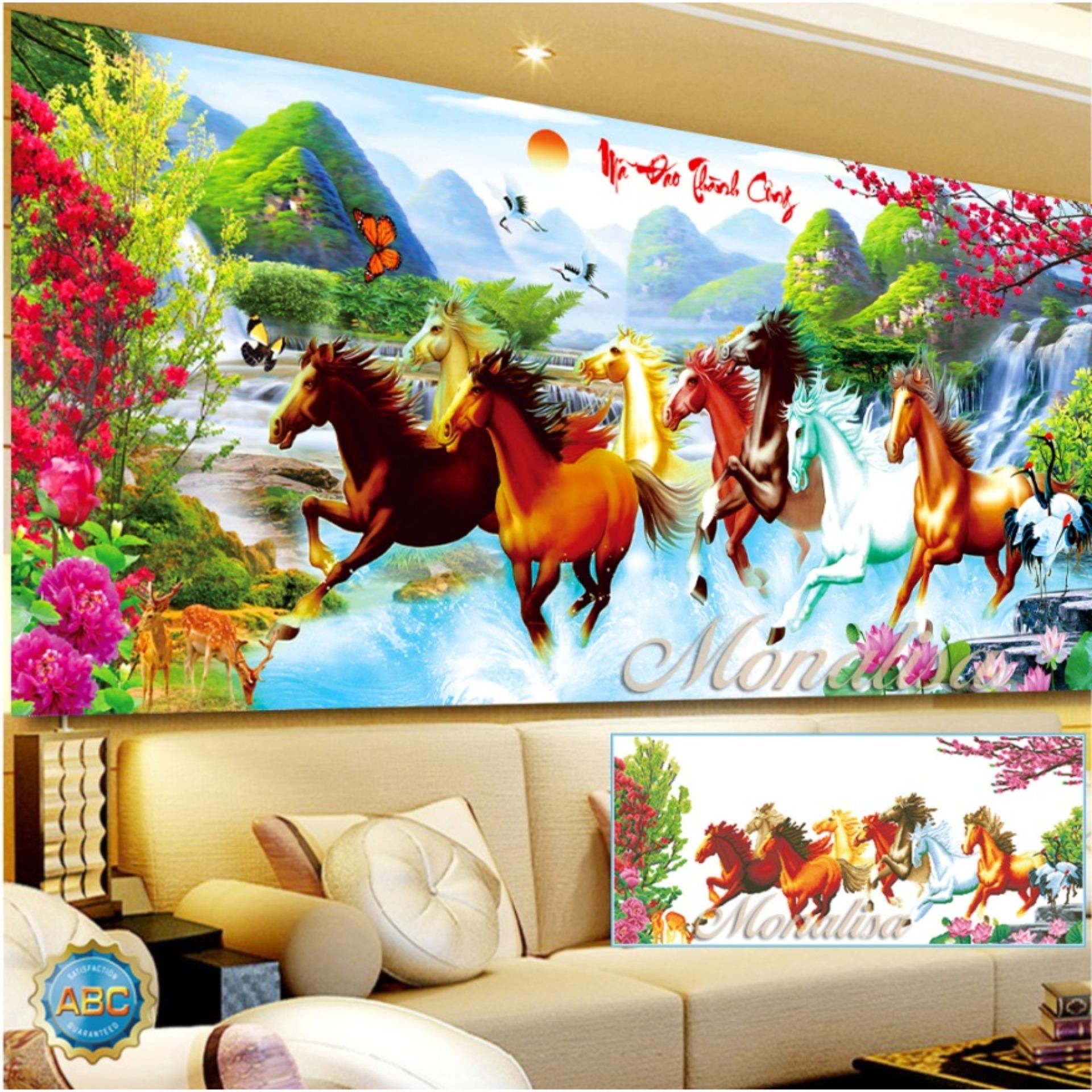 Tranh đính đá Mã đáo thành công Y8163 kích thước 200x90cm. + Vải nền ( in sẵn ký hiệu, chống ẩm mốc và có phủ keo trong suốt). + Hạt đá được đóng gói trong những túi nhỏ và có đính kèm mã số + Bút chấm đá