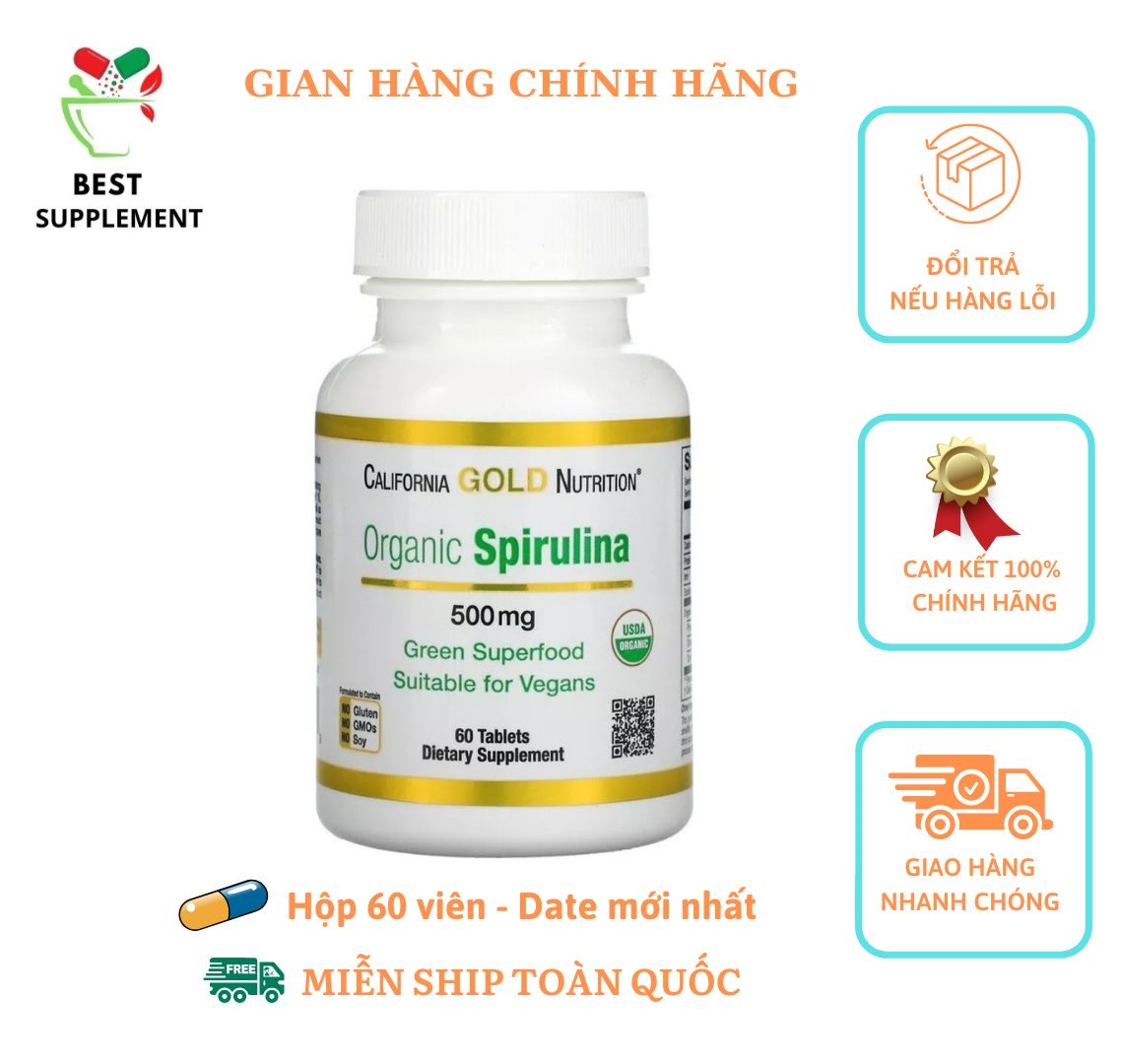 Tảo Spirulina hữu cơ, California Gold Nutrition, Organic Spirulina, USDA Organic, 500 mg, 60 Tablets