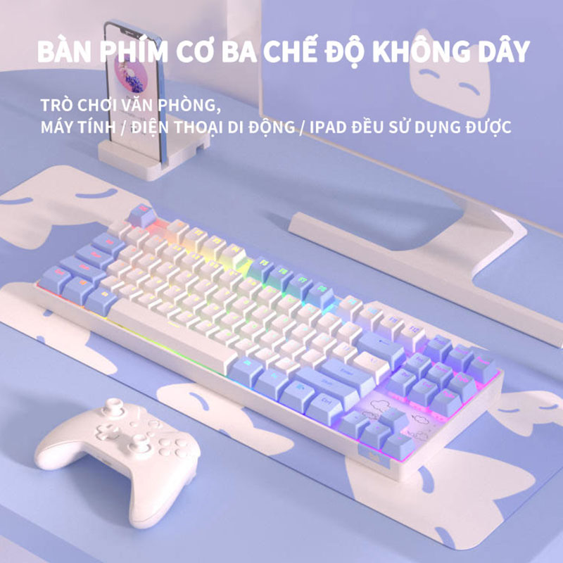 Bàn phím cơ gaming Không dây Bluetooth ONIKUMA Blue/Brown switch 87 phím Trục xanh/đỏ/trà, có đèn RGB, cho máy tính/laptop