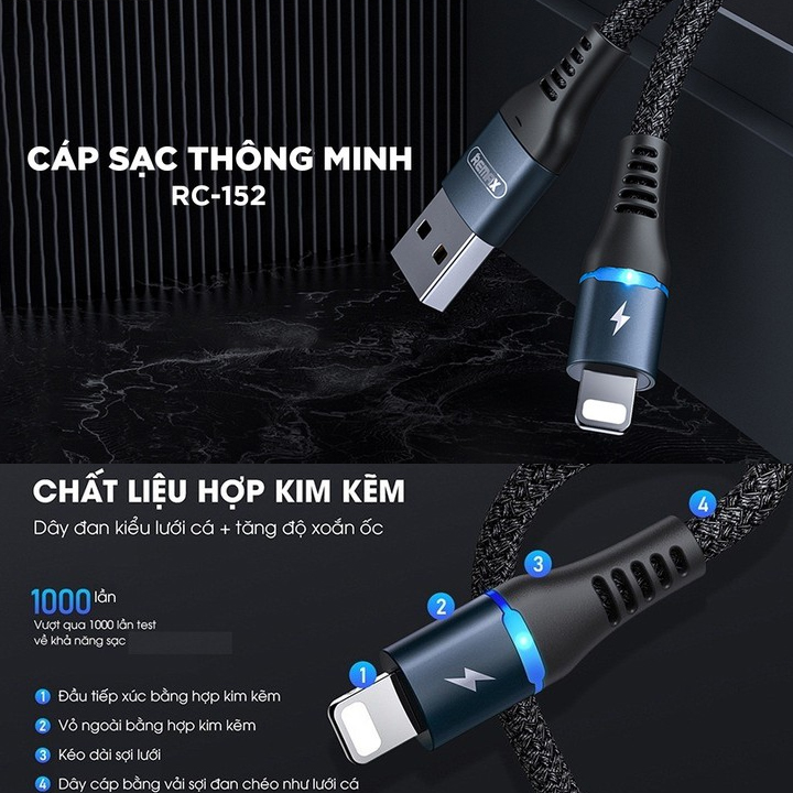 Cáp sạc tự ngắt Remax RC-152i cổng Lightning cho iPhone