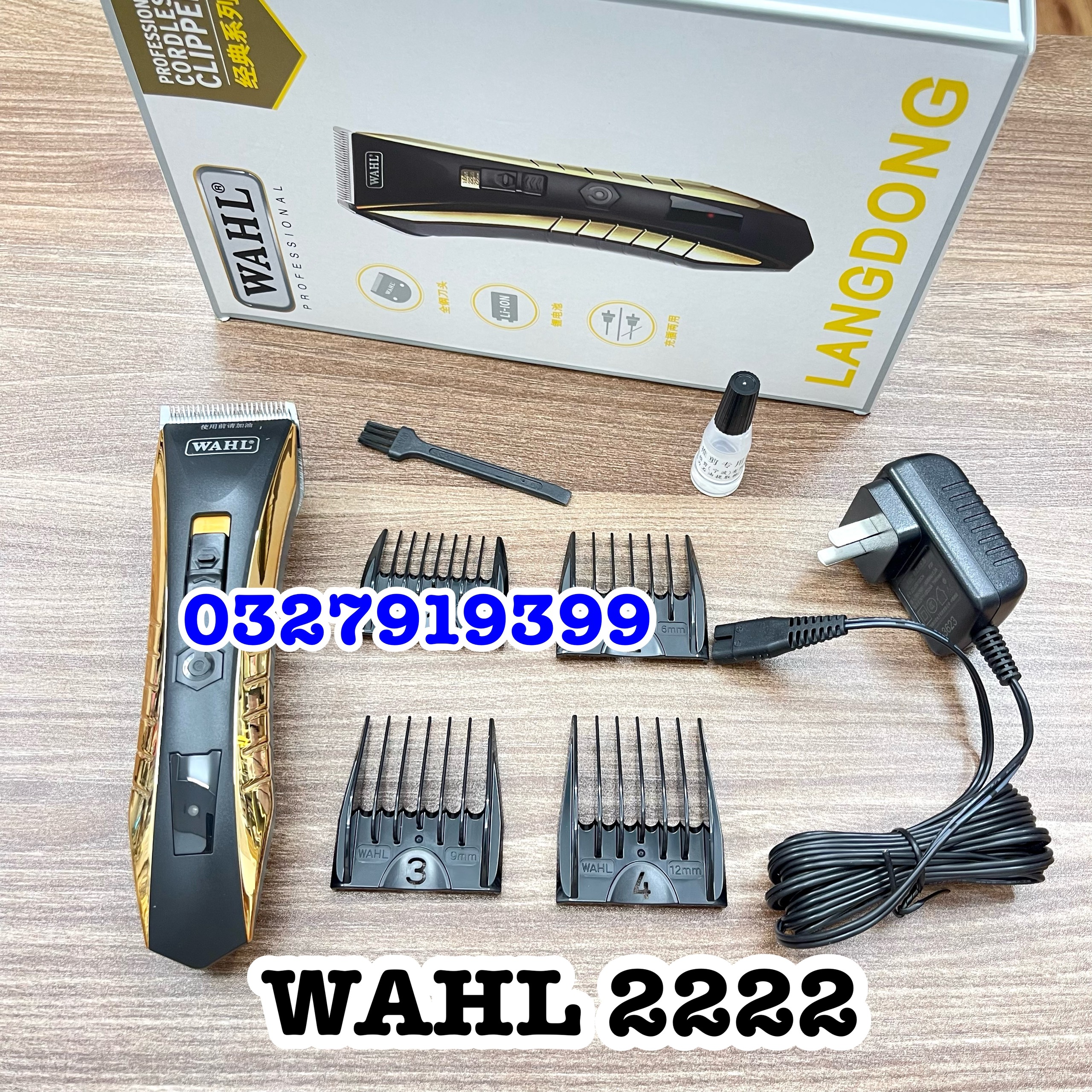 Wahl Tông Đơ Cắt Tóc Chính Hãng WAHL 2222 - Chuyên Nghiệp, Động Cơ Mạnh Mẽ, Lưỡi Thép Cao Cấp, Sử Dụng 260 Phút Liên Tục, Pin Lithium 1000mAh, Bộ Sản Phẩm Bao Gồm 4 Cữ Nhựa