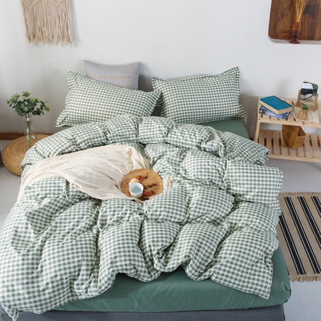 Bộ Drap & Chăn Phao Cotton Poly Kẻ Caro Xanh Lá