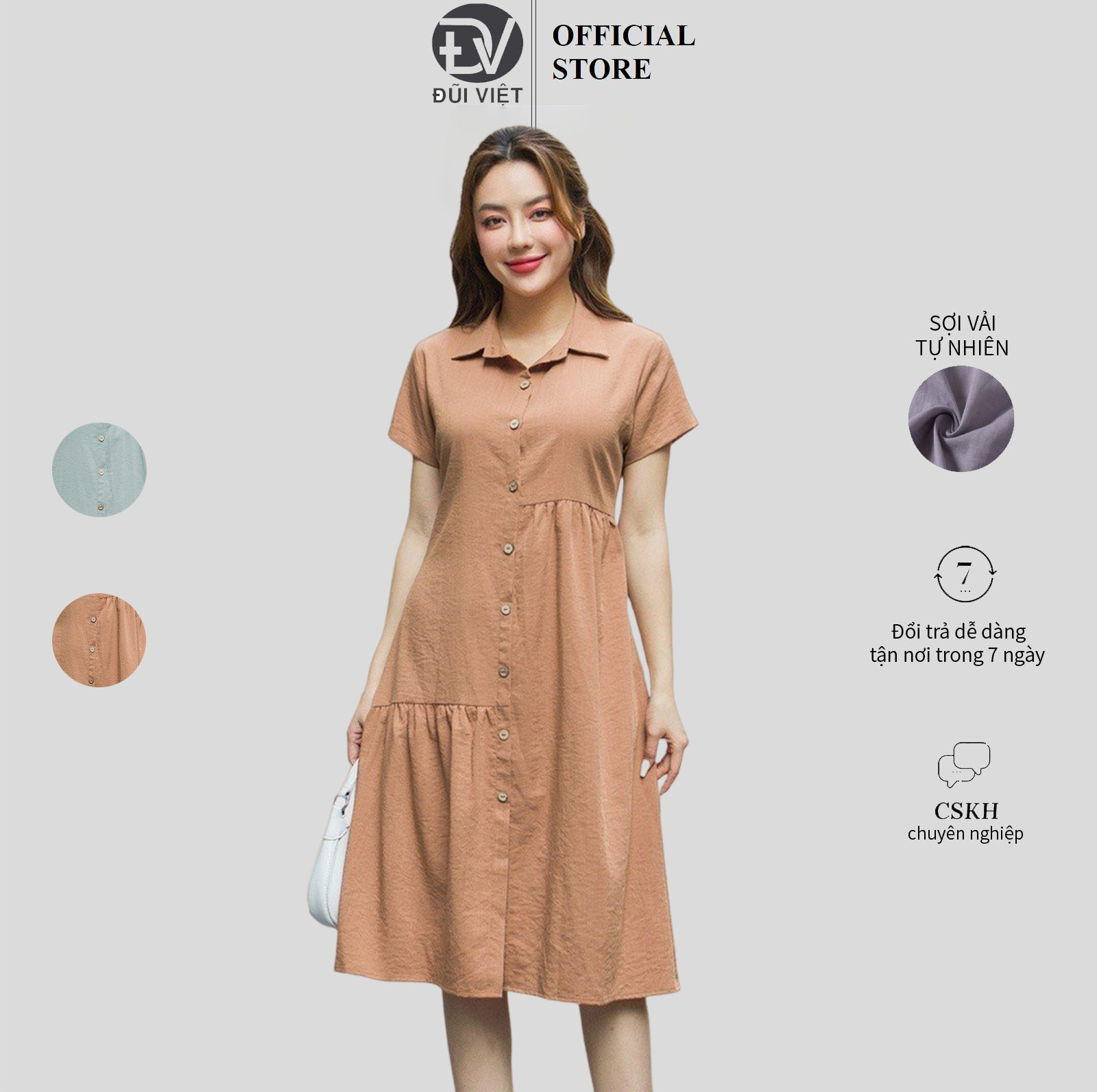 Đầm sơ mi chất đũi xước nhật form rộng dáng dài mặc hè mát đũi việt