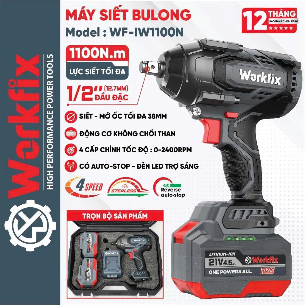 Workfix Bolt Tightening Machine Wf-Iw1100N Tightening Force 1100N Large Screw Tightening, Brushless Truck and Car Tightening Machine Durable (12 Month Warranty) Giá 1,300,000 Đồng*Miễn phí vận chuyển