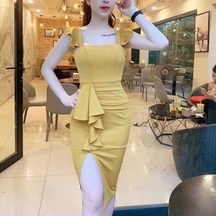 Đầm body phối bèo cổ vuông