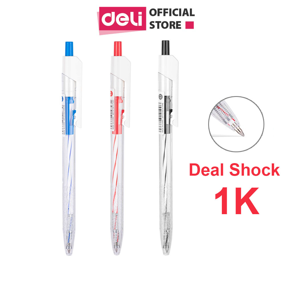 Bút Bi Xanh Đen đầu bấm Deli, bút bi đầu bấm mực xanh/đen ngòi 0.7mm, bút gel bút viết học sinh văn phòng -  EQ24