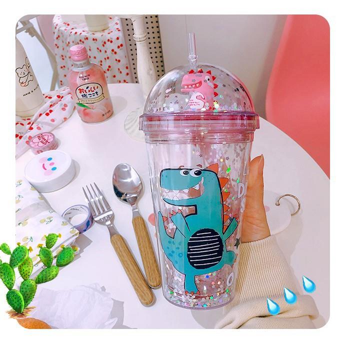 【HOT SALE】 Bình nước Giữ nhiệt hình khủng long cute ( kèm ống hút )