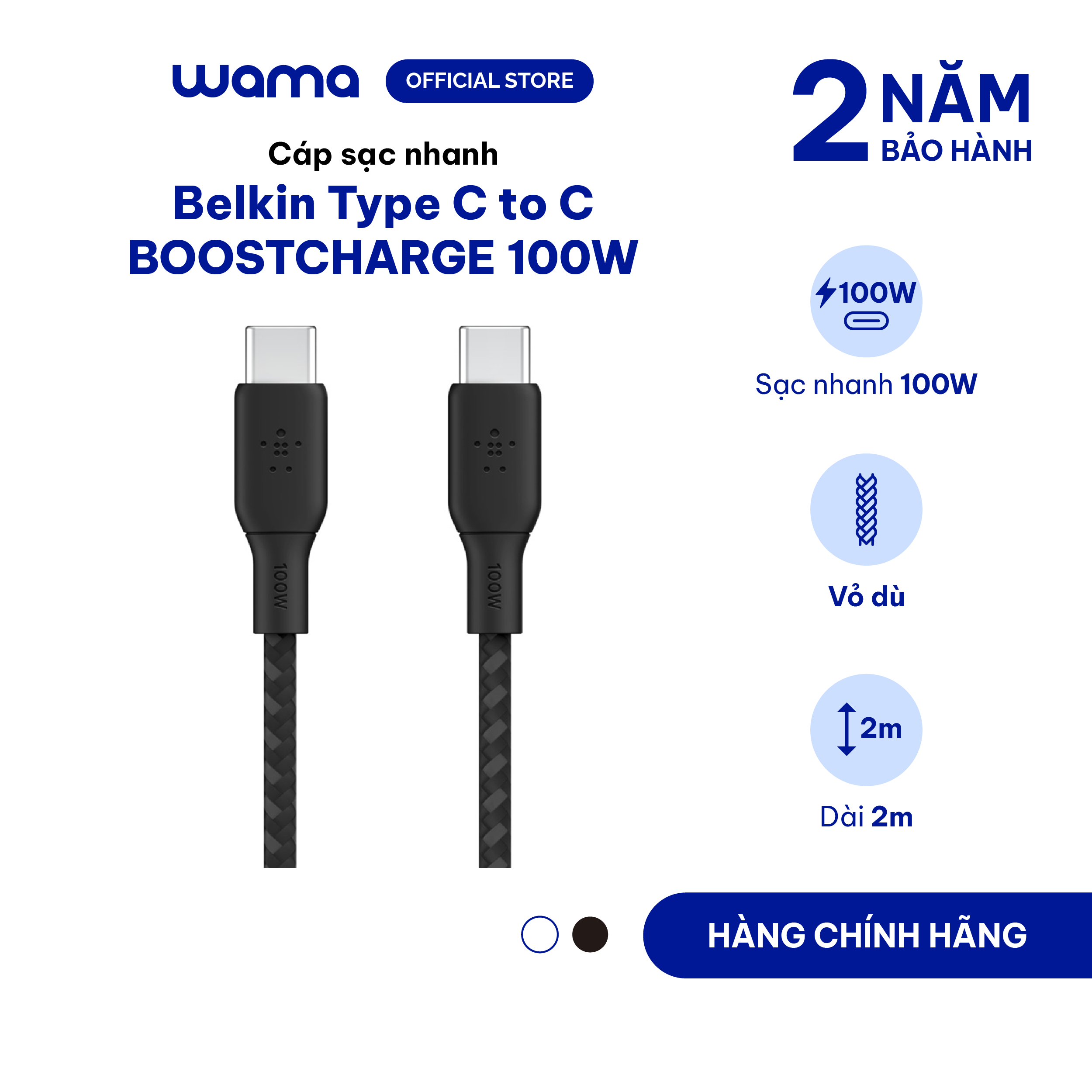Cáp sạc nhanh USB Type C - C BOOST↑CHARGE™ Belkin 100W vỏ dù, 2M