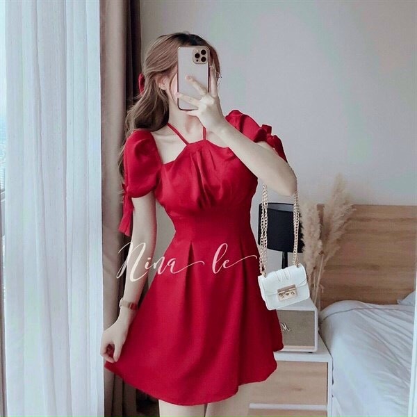 Đầm tiểu thư hai dây cổ yếm dễ thương. Váy xòe dự tiệc tay phồng, đầm umi sang chảnh