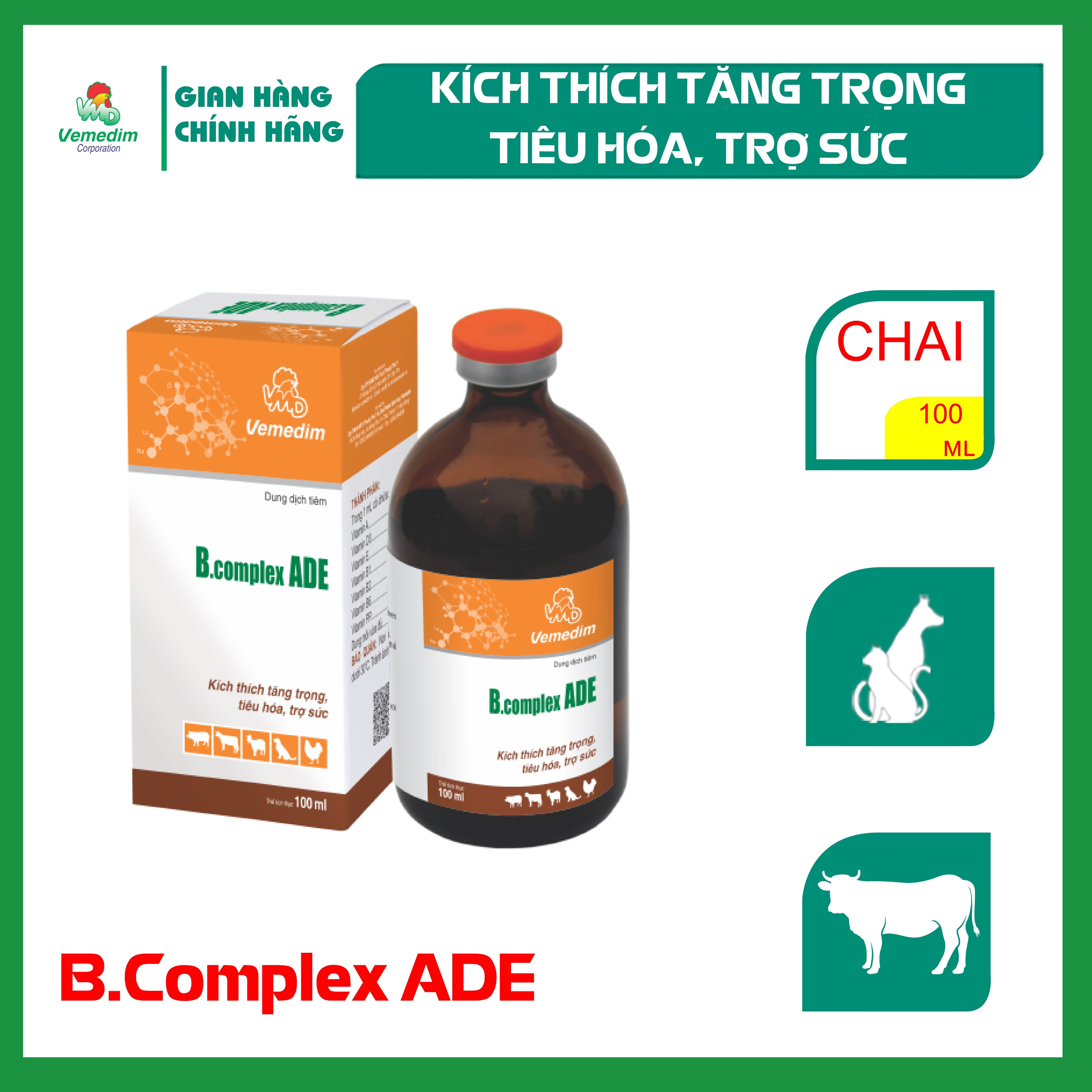 "Hoàn tiền đến 10%" Vemedim B COMPLEX ADE Kích thích tăng trọng, tiêu hoá, trợ sức, chai tiêm 100ml