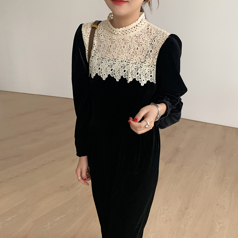 Hàn Quốc Chic Mùa Thu Khí Chất Cổ Ghép Mảnh Viền Ren Hoa Tôn Dáng Bó Eo Dài Tay Khoét Sâu Nhung Tơ Đầm Nữ