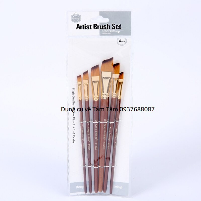 Bộ cọ đầu vát Keep Smiling 6 cây mã 6120X-Dụng cụ vẽ Tâm Tâm