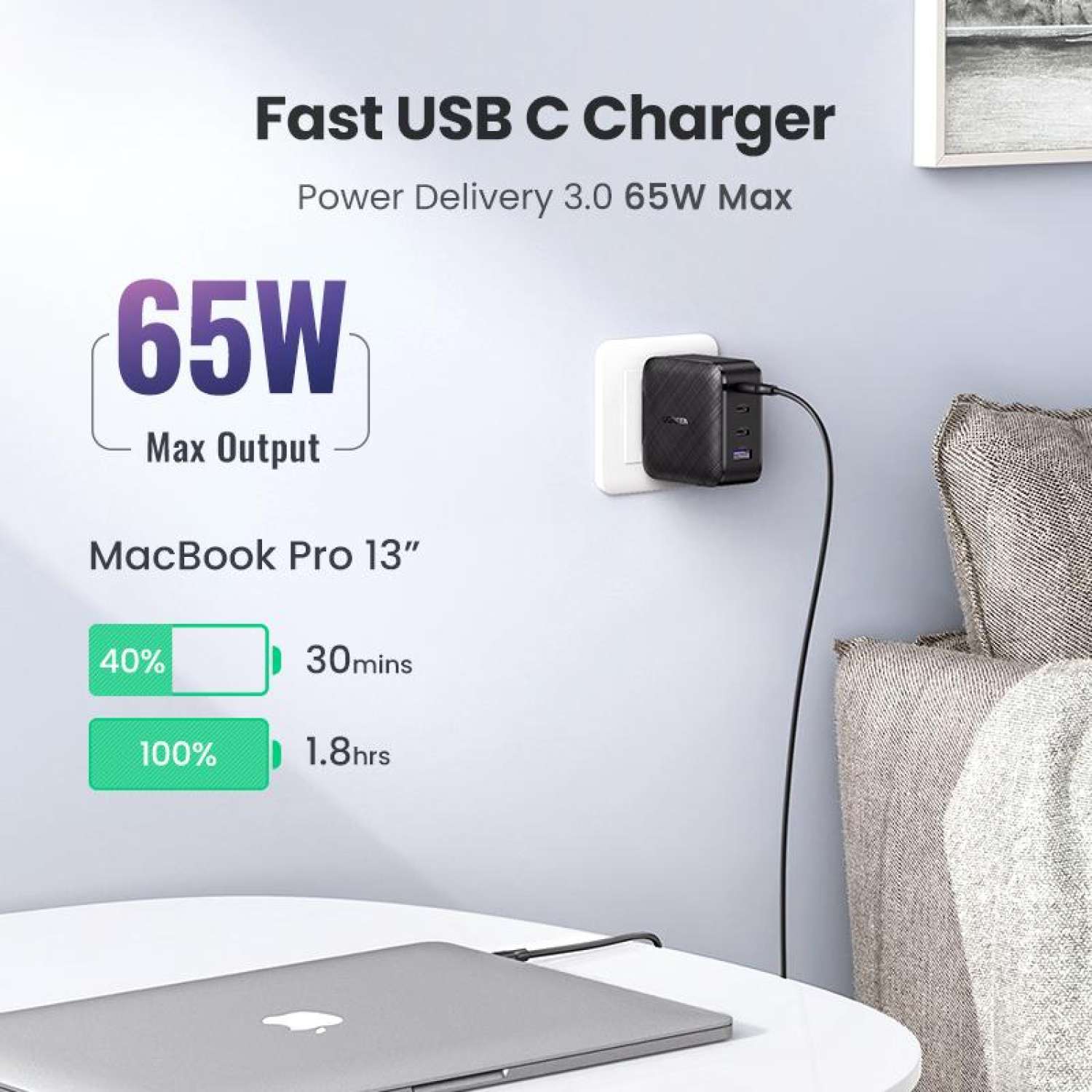 Củ Sạc 4 Cổng UGREEN 65W GaN Sạc Bộ Sạc PD USB Type-C (3 USB Type-C + 1 USB-A)