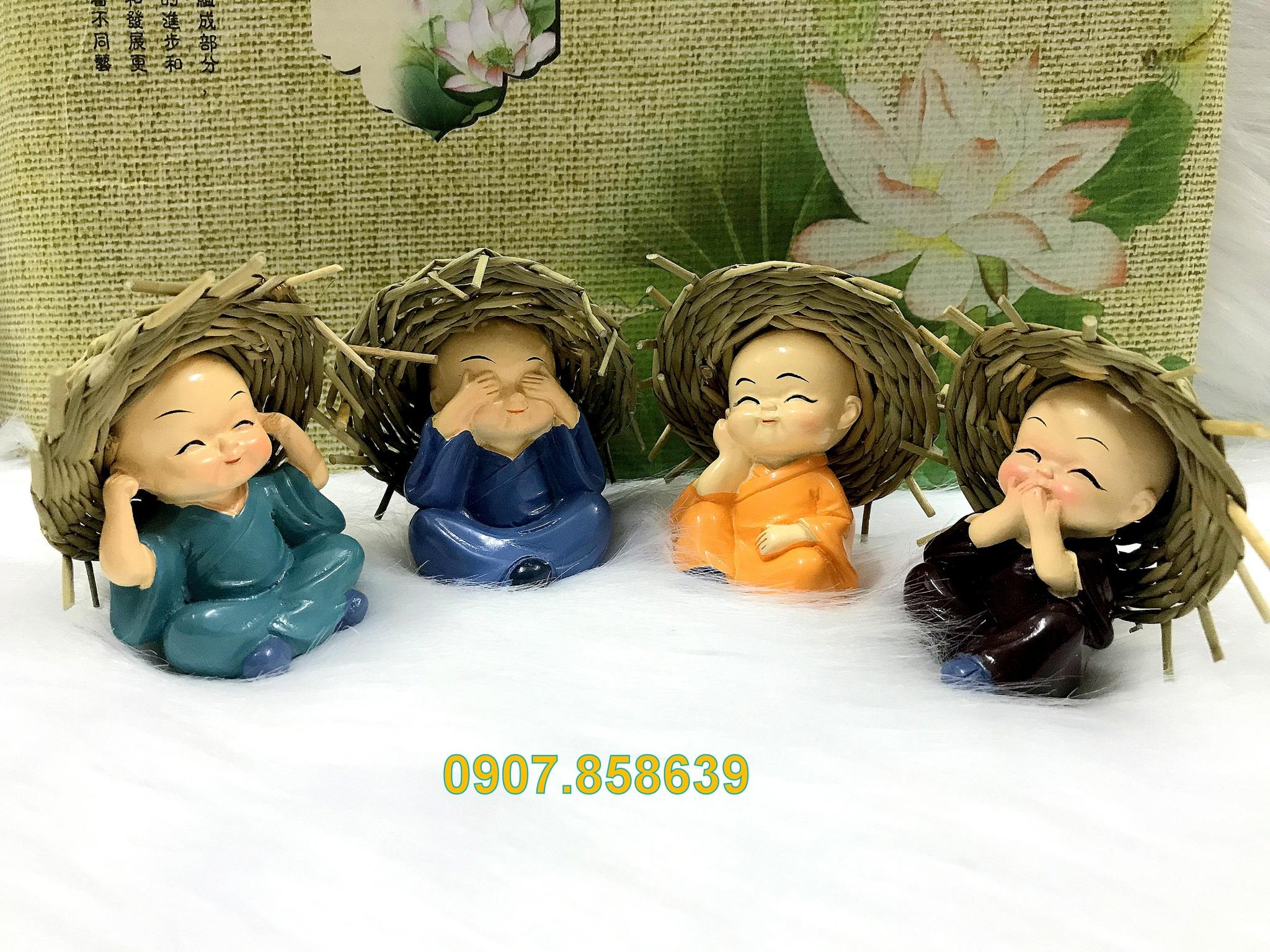 [HCM]Bộ 4 tượng chú tiểu Tứ Không đội nón rơm