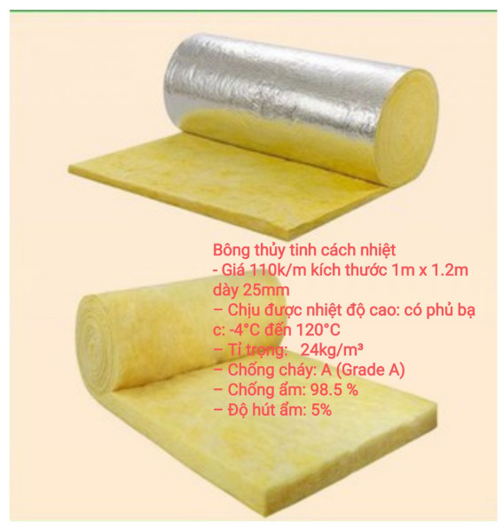 Bông thủy tinh cách nhiệt– cách âm (1m x 1m2, dày 25 mm)