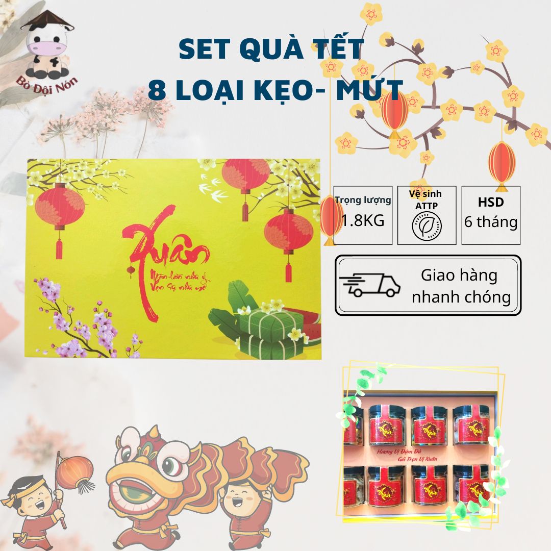 (QUÀ BIẾU TẾT) Set Quà Tết 8 Món Kẹo- Mứt- Hạt Bò Đội Nón