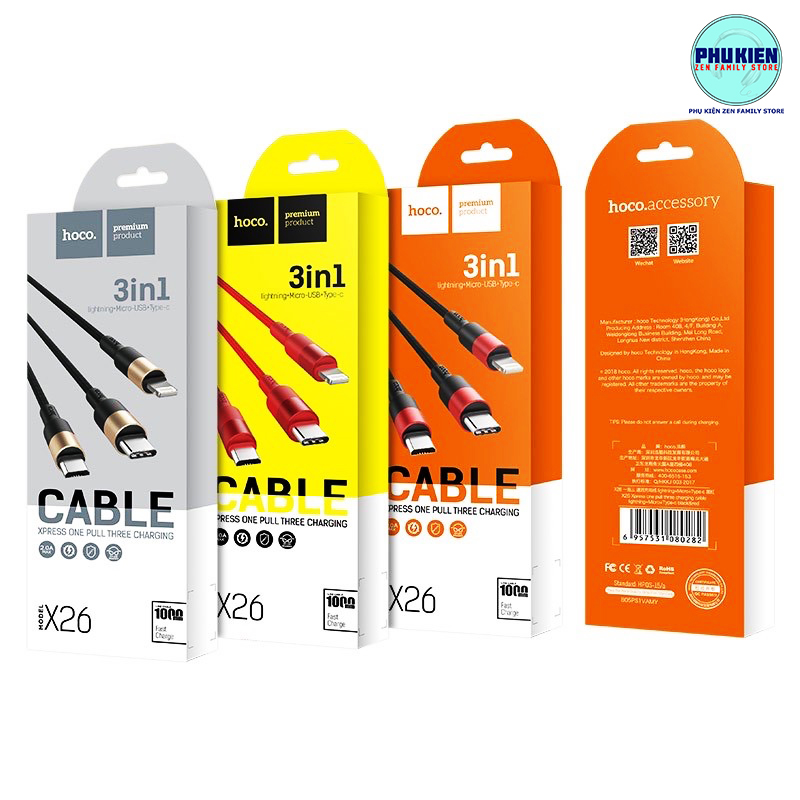 Cáp Sạc Đa Năng 3 Đầu Hoco X26 Dòng 2A Ligting Micro Type C Iphone Android