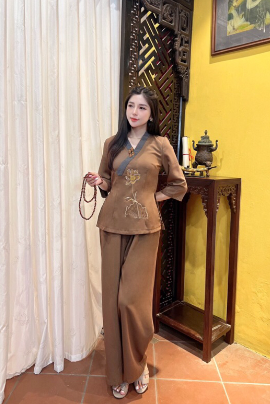Pháp phục đi chùa đi lễ thêu sen cổ Y
