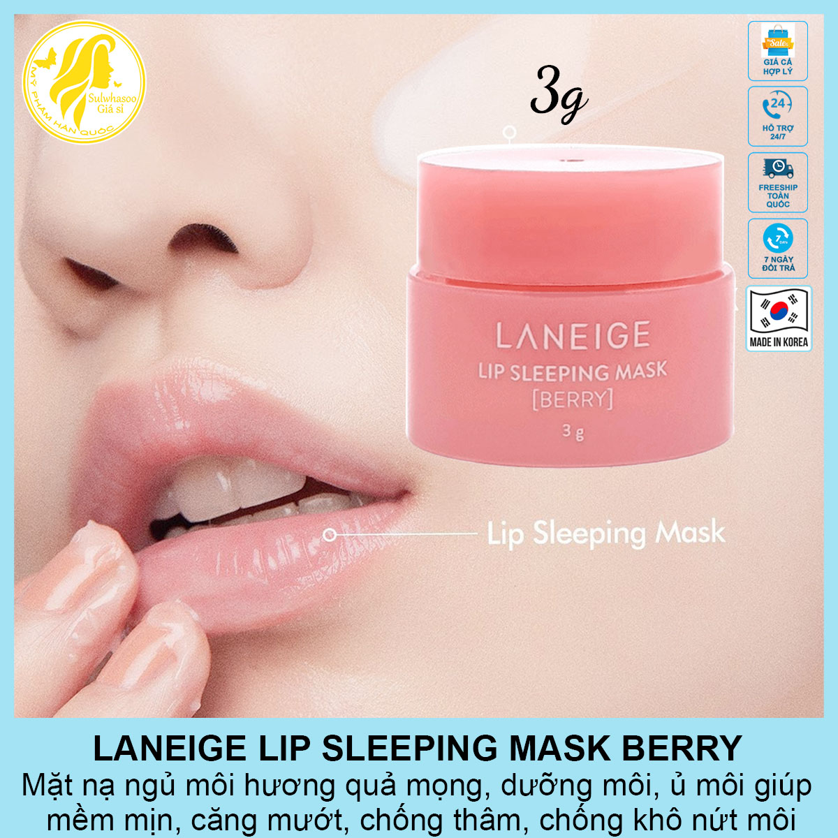 Mặt nạ ngủ môi  hương quả mọng berry Laneige Sleeping Mask Berry 3g mẫu mới, nuôi dưỡng đôi môi, giúp môi gợi cảm hơn sulwhasoogiasi