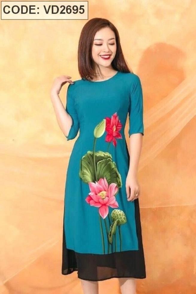 SET ÁO DÀI CÁCH TÂN HOA SEN KÈM CHÂN VÁY
