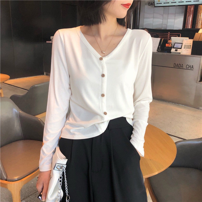 Áo thun len nữ tay dài cổ tim 5 cúc thời trang hàn quốc