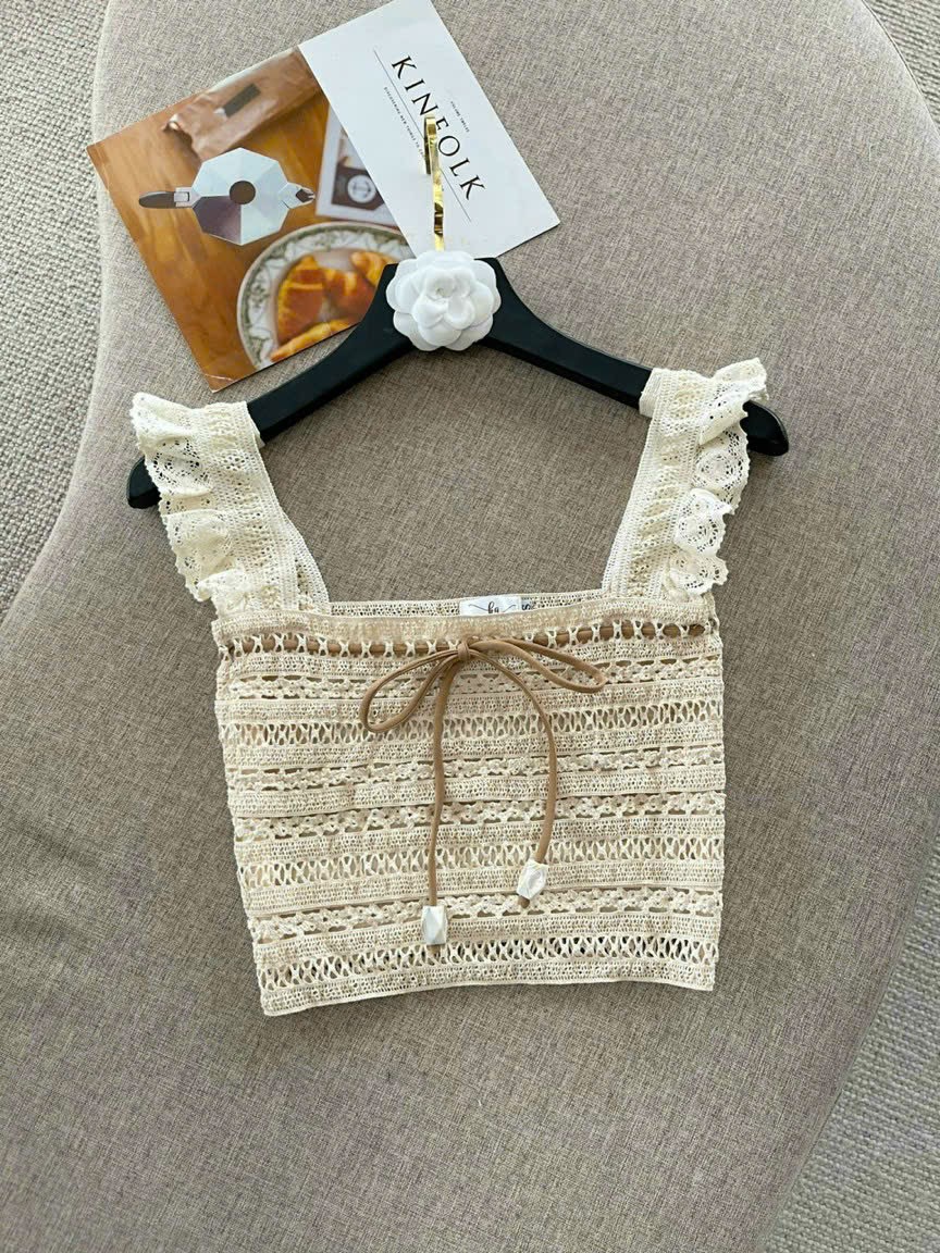 Áo 2 dây ren quảng châu croptop cột dây nơ trước cực xinh , chất lưới ren mềm mịn
