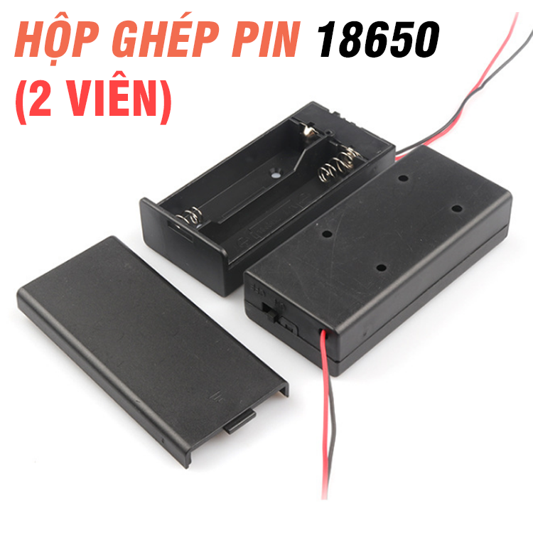 Hộp đựng pin 18650 mắc nối tiếp 2 viên 3.7v output 7.4v có nắp đậy công tắc nguồn và 2 đầu dây ra
