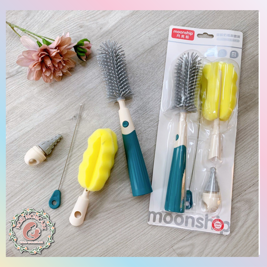 Bộ cọ rửa bình sữa silicone, mút xốp Moonship 4 chi tiết/ 6 chi tiết cao cấp cho bé