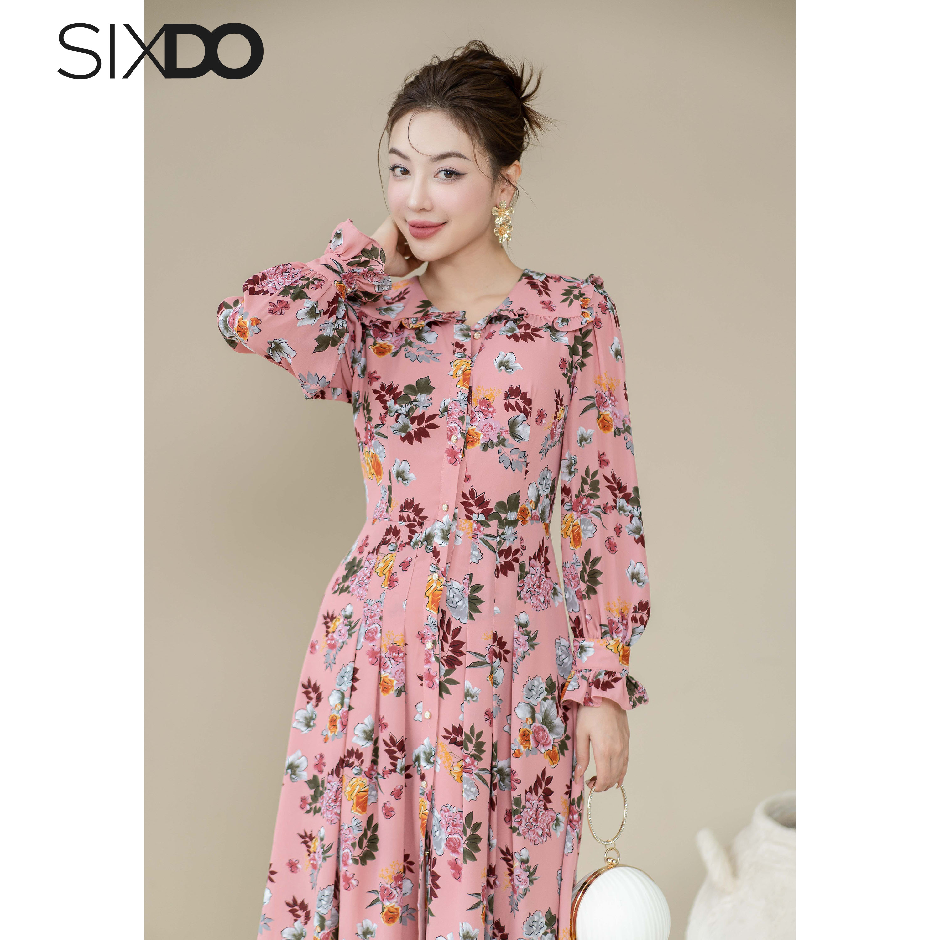 Đầm chiffon họa tiết hoa xếp ly SIXDO (Floral Midi Chiffon Dress)