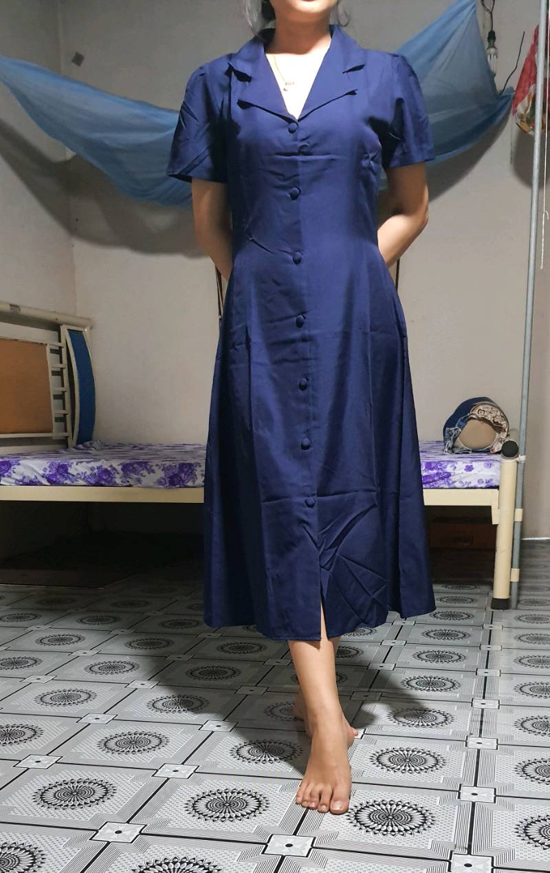 Đầm freesize sơ mi xanh đen