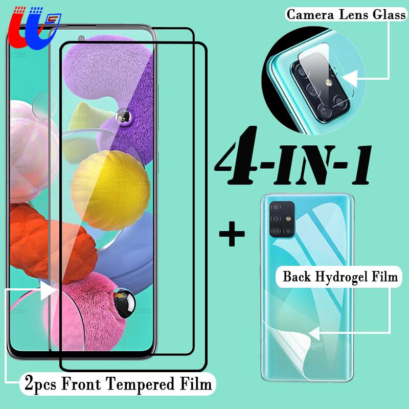 4-IN-1 2pcs Tempered glass+Back Hydrogel Film+Camera Lens Glass For Samsung Galaxy A73 A72 A71 A53 A52 A52s A51 A42 A33 A32 A12 A02s A23 A21s A13 Screen Protector film For Samsung S21 Plus Ultra M23 M33 M01 M11 M21 M31 M31s M51 M30s
