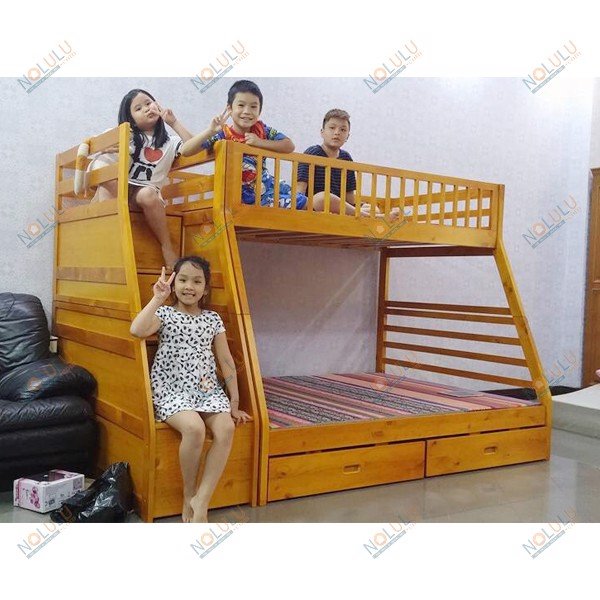 Giường tầng belle espirit gỗ tự nhiên, cầu thang hộp an toàn-có thể đổi chiều