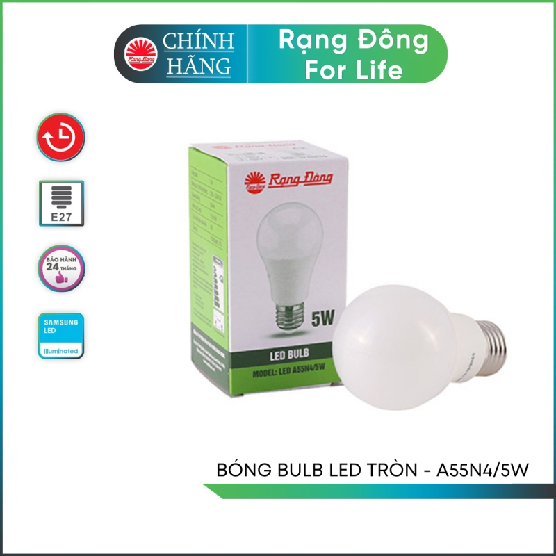 Bóng đèn LED Bulb tròn A55N4 - 5w chính hãng Rạng Đông chip LED SS chất lượng ánh sáng hoàn hảo bảo vệ thị lực